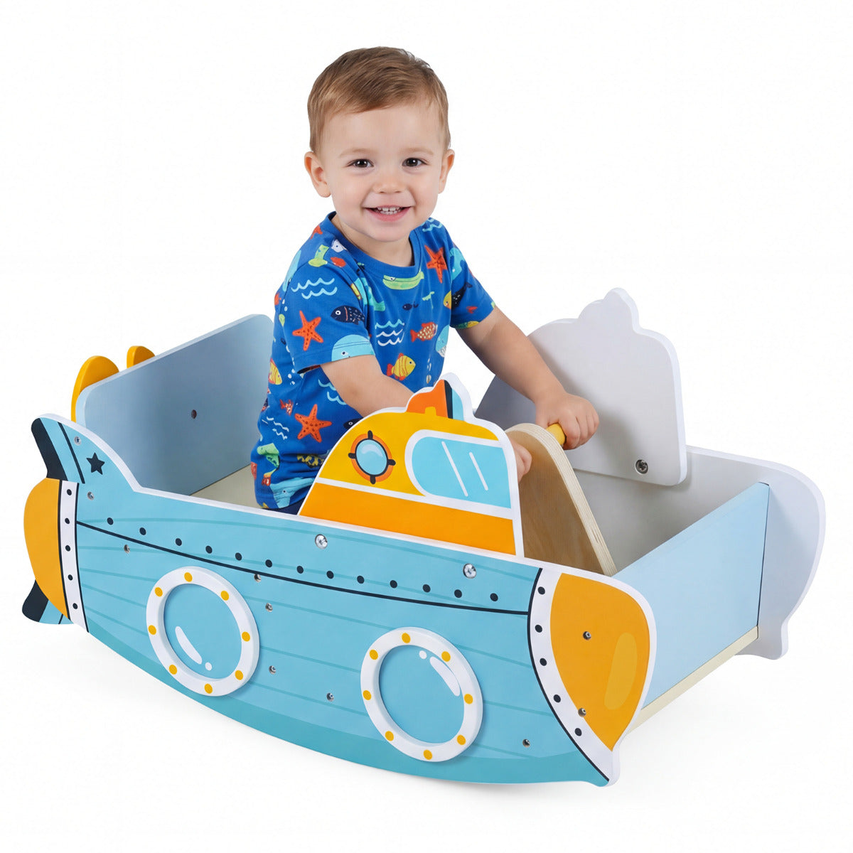 Blue Submarine Wooden Rocking Boat | Rotating Propeller Toy