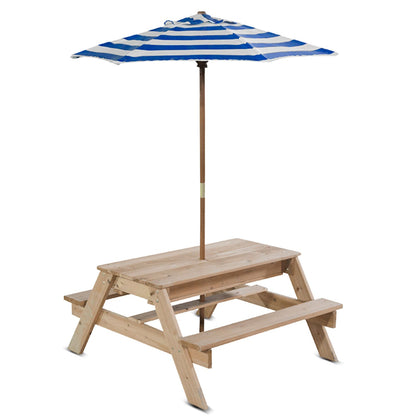 Colorful outdoor sand and water play table with umbrella for kids backyard fun.