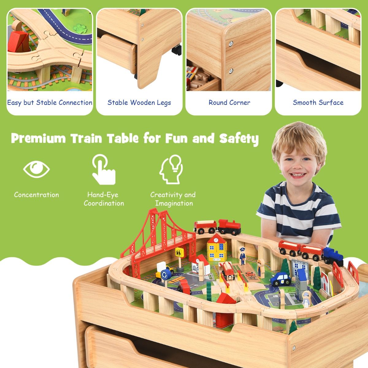 Colorful 100-Piece Wooden Train Table Set with Drawer, ideal for immersive playtime at home.