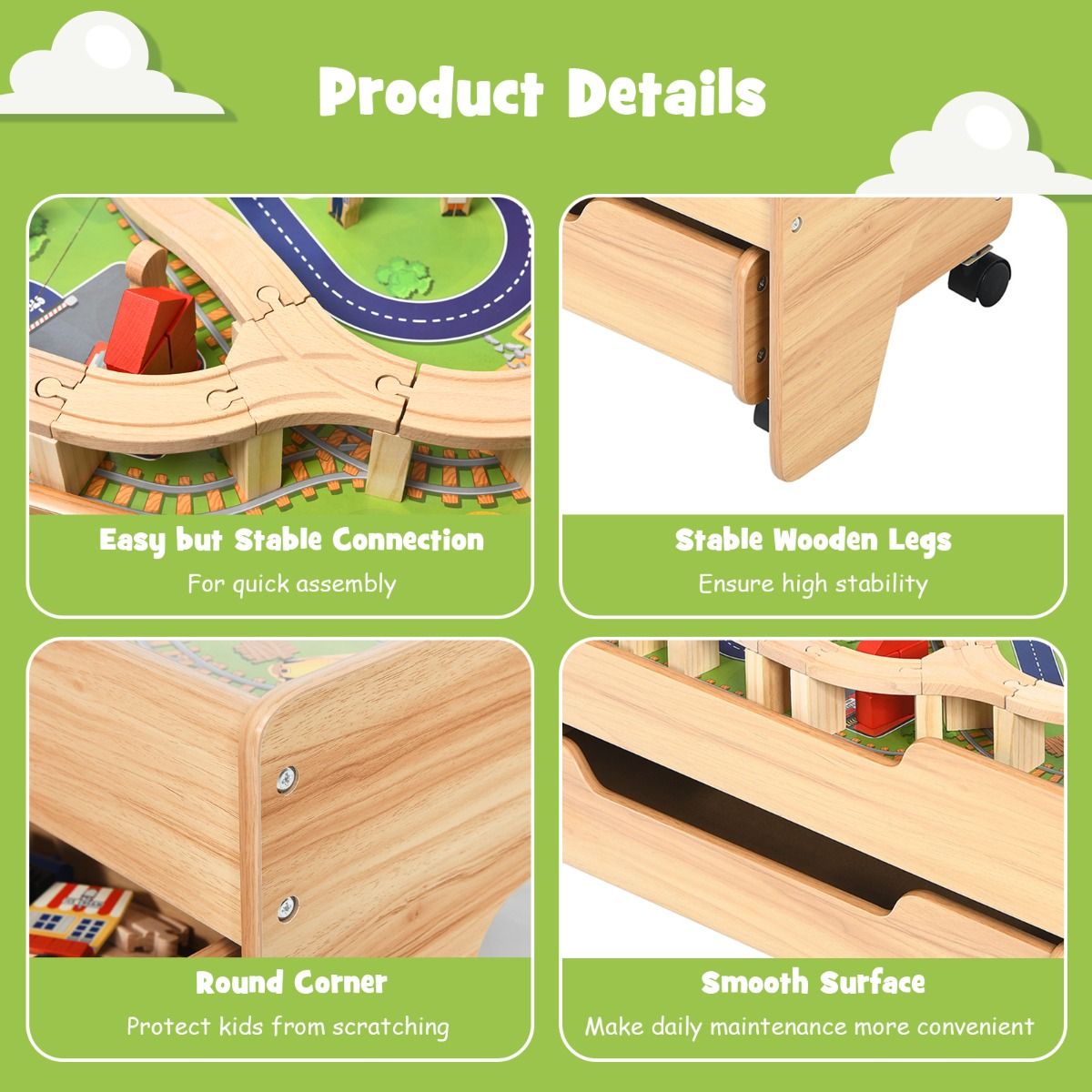 Wooden train table set with storage drawer, ideal for kids play and organization.