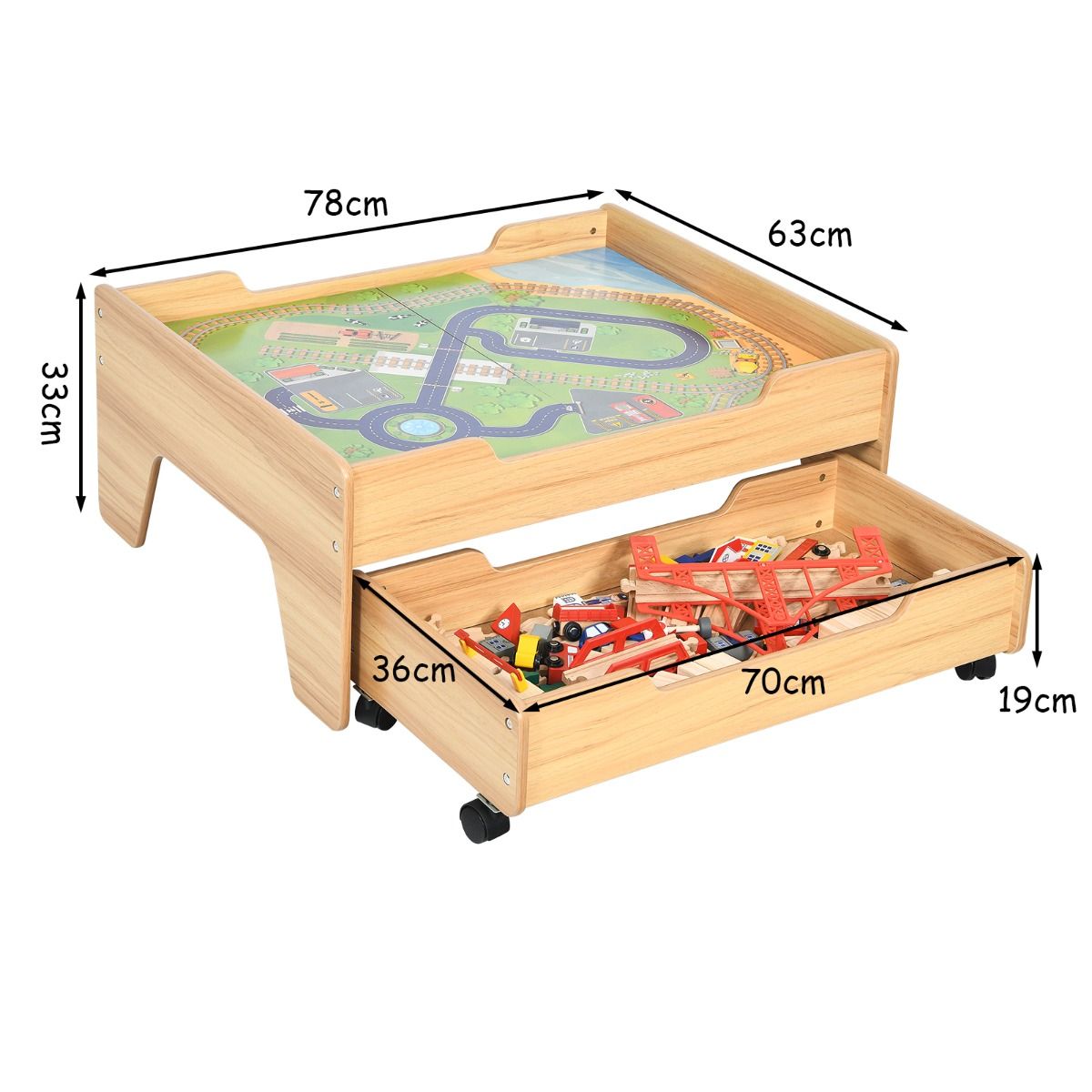 Kids 100-piece train table set with storage drawer for interactive play and organization.