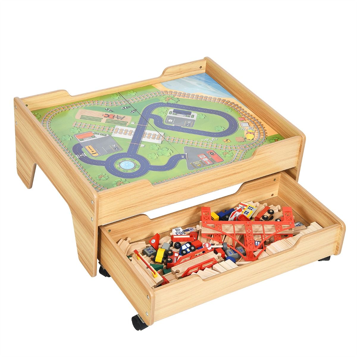 Colorful 100-piece Wooden Train Table set with storage drawer for fun and imaginative play.