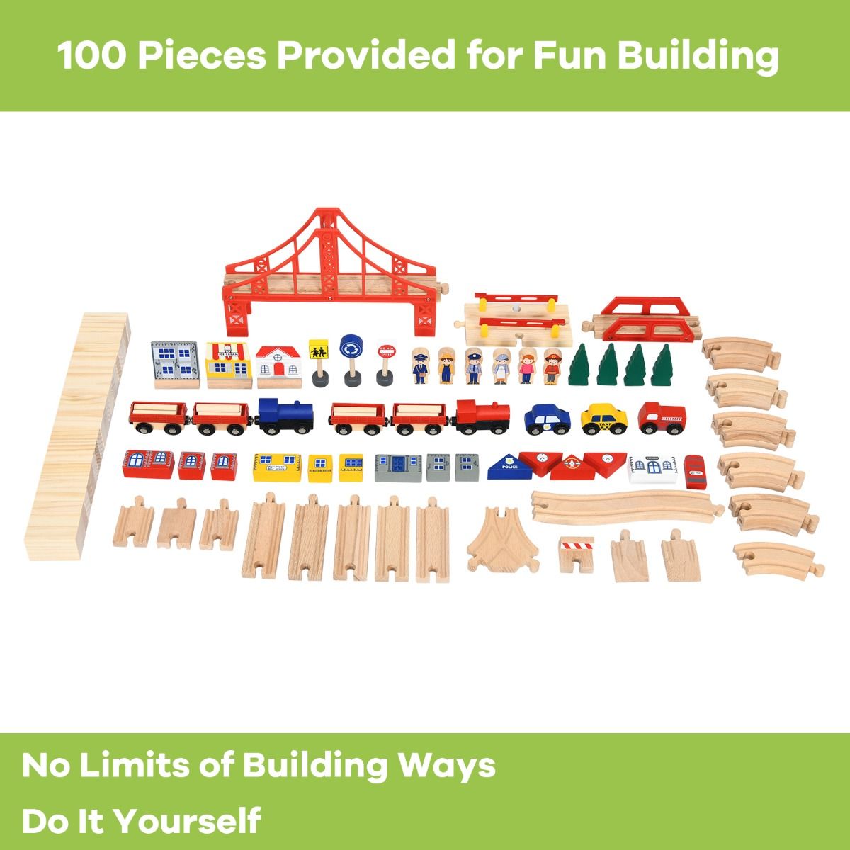 Colorful 100-piece wooden train table set with storage drawer ideal for kids playtime.