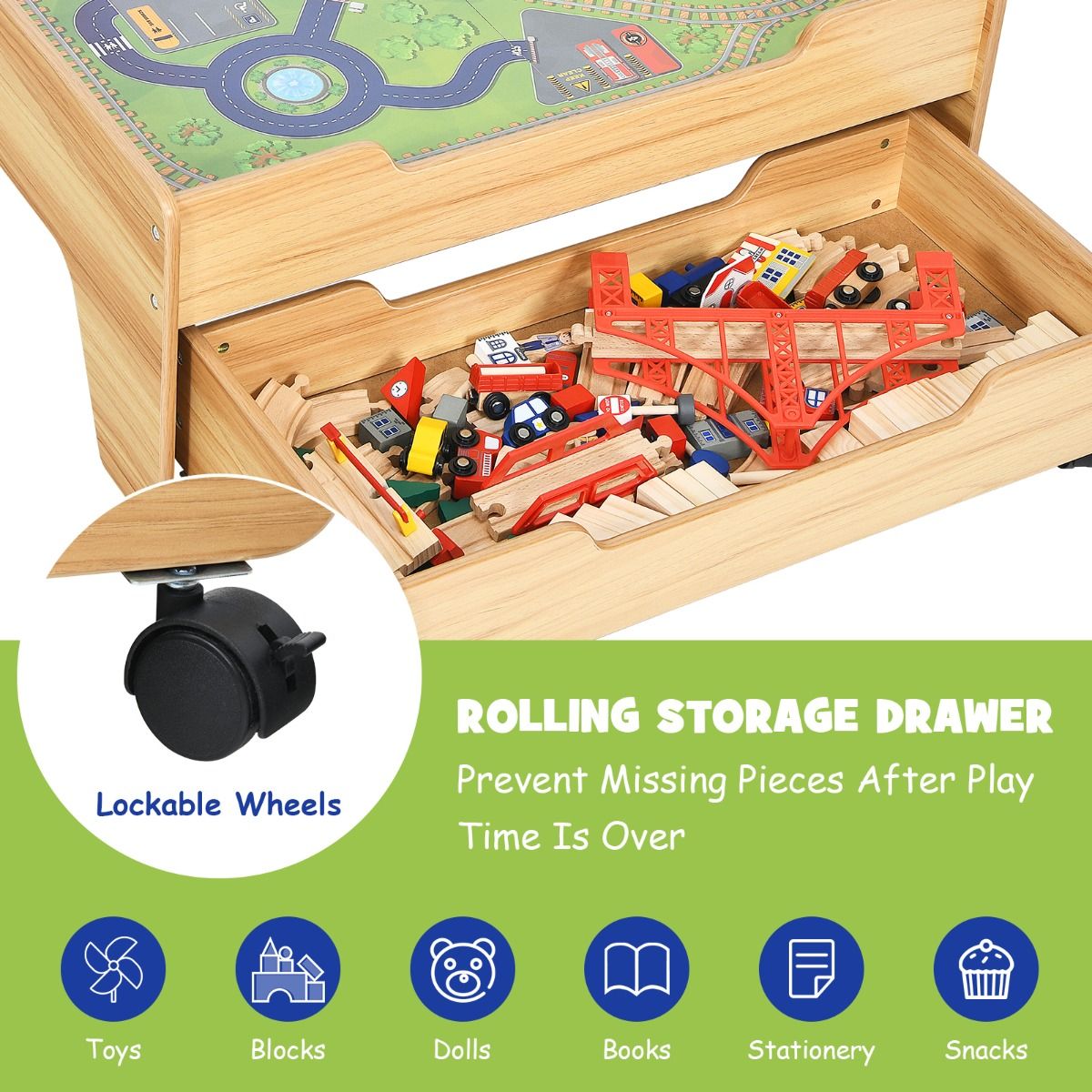 Wooden train table set with 100 pieces and storage drawer, perfect for kids playtime.