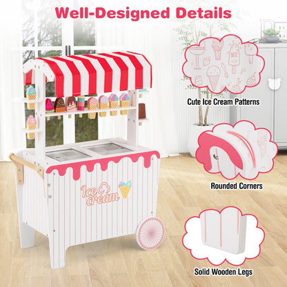 Red Kids Ice Cream Cart With Wheels Canopy & Storage