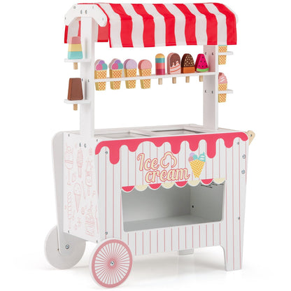 Red Kids Ice Cream Cart With Wheels Canopy & Storage