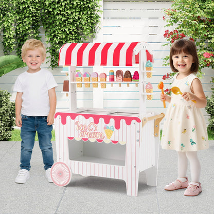 Red Kids Ice Cream Cart With Wheels Canopy & Storage