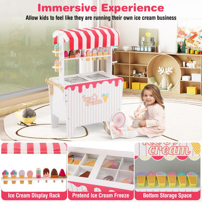 Red Kids Ice Cream Cart With Wheels Canopy & Storage