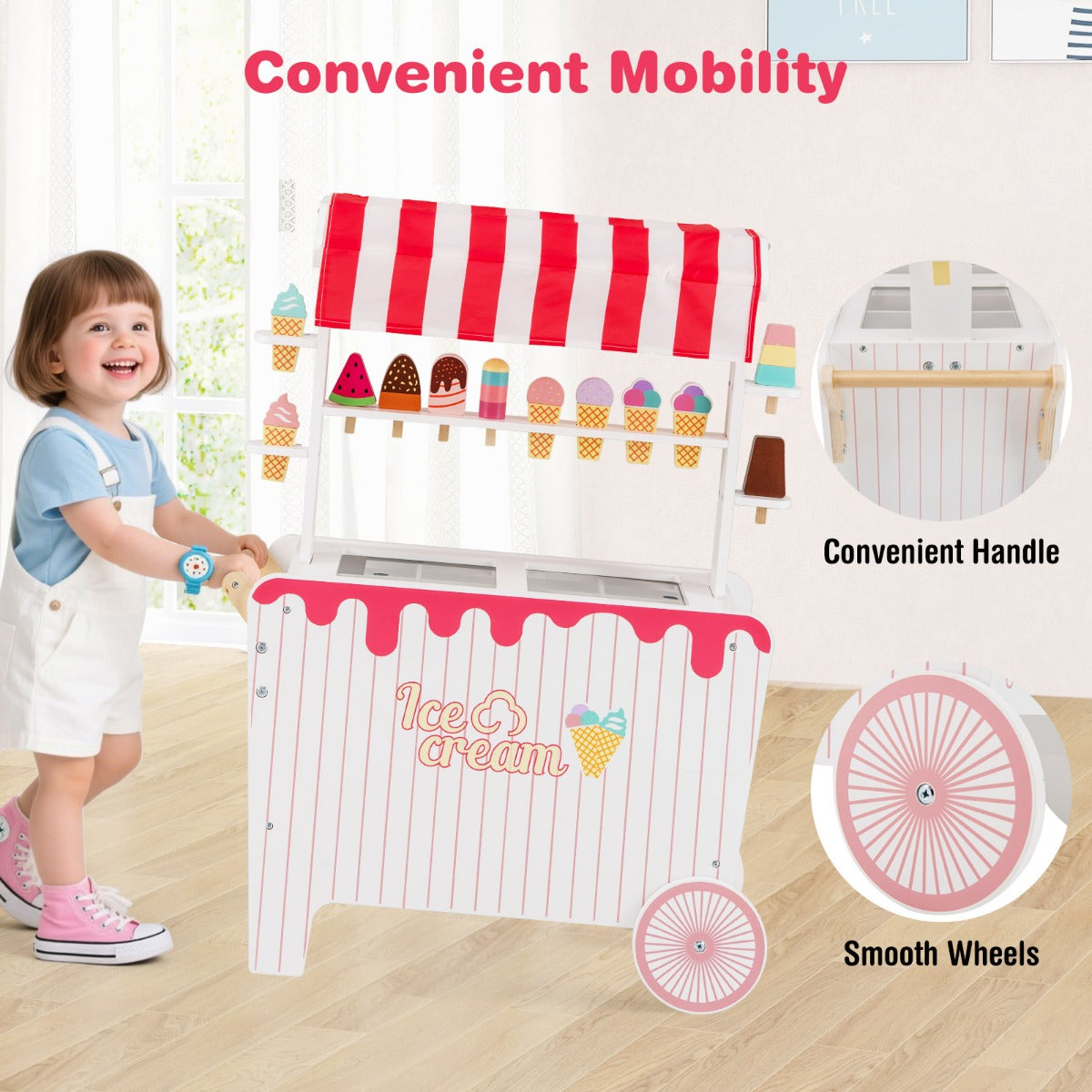 Red Kids Ice Cream Cart With Wheels Canopy & Storage