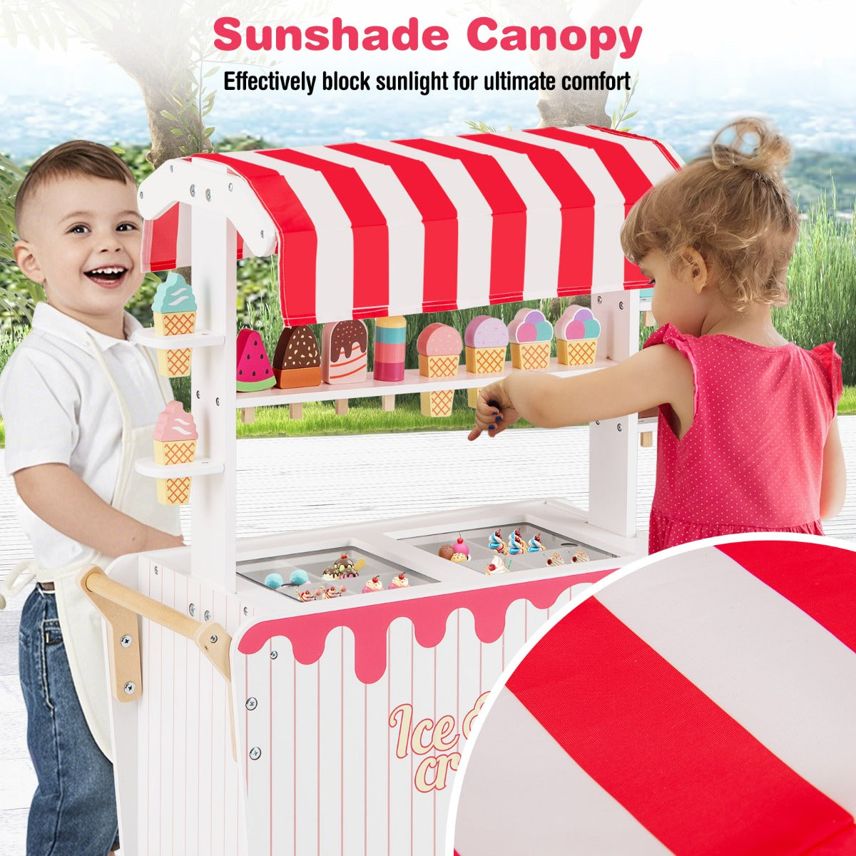Red Kids Ice Cream Cart With Wheels Canopy & Storage