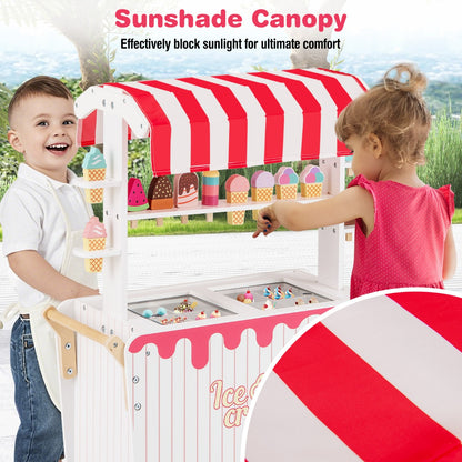 Red Kids Ice Cream Cart With Wheels Canopy & Storage