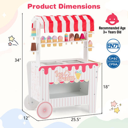 Red Kids Ice Cream Cart With Wheels Canopy & Storage