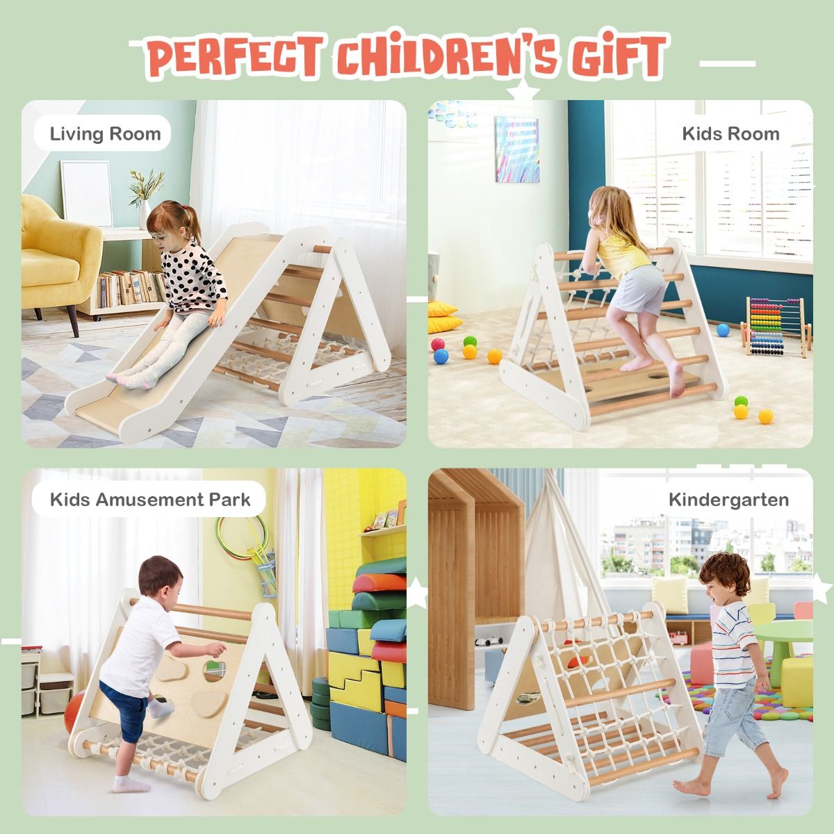 Versatile wooden climbing set with triangle, ramp, and ladder for toddlers active play and motor skill development