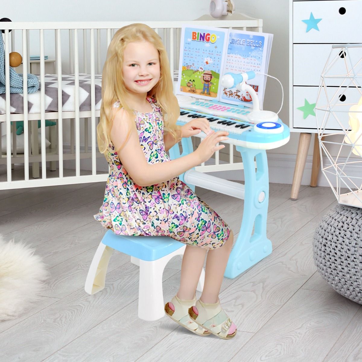 Toddler Electronic Piano | Blue 37-Key Set with Music Stand & Mic