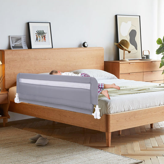 Foldable grey toddler bed rail for safety, 120cm, ideal for childrens beds at home.