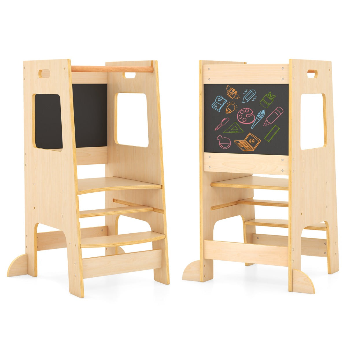 Adjustable wooden kitchen helper tower with chalkboard panel allows children to safely participate in cooking activities