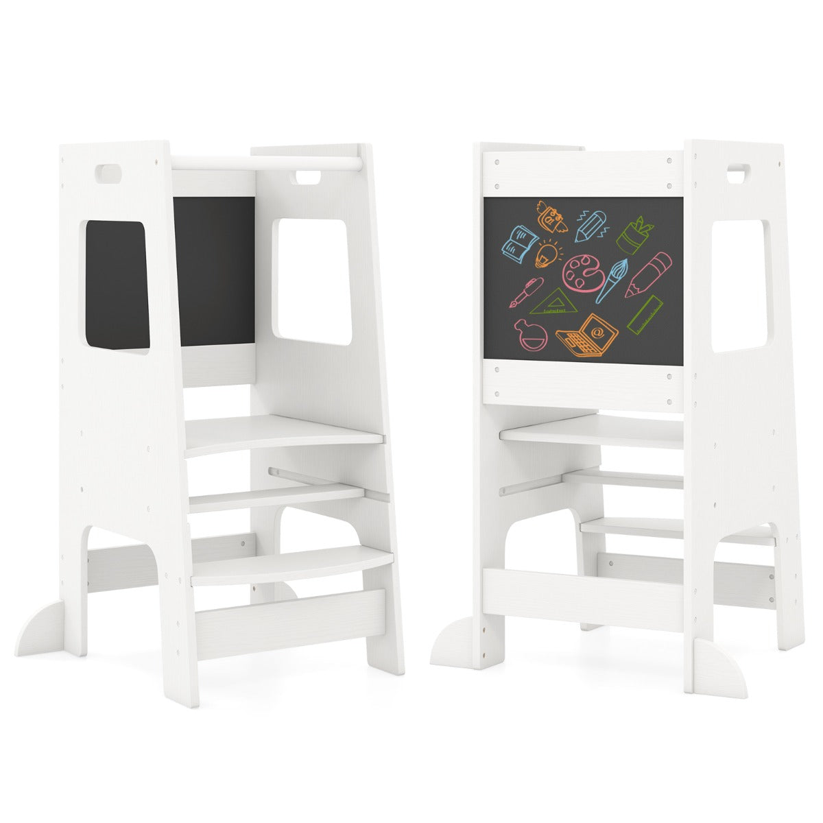 Adjustable white wooden kitchen helper with chalkboard panel enables safe cooking participation for little ones