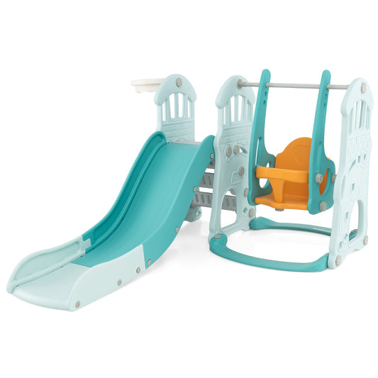 Childrens slide playset with swing and basketball hoop for toddlers age 18+ months.