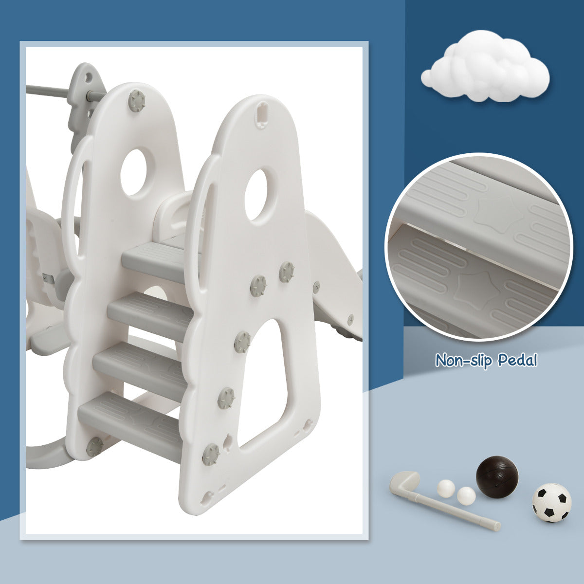 White 6-in-1 Toddler Slide & Swing Set | Basketball Golf Football