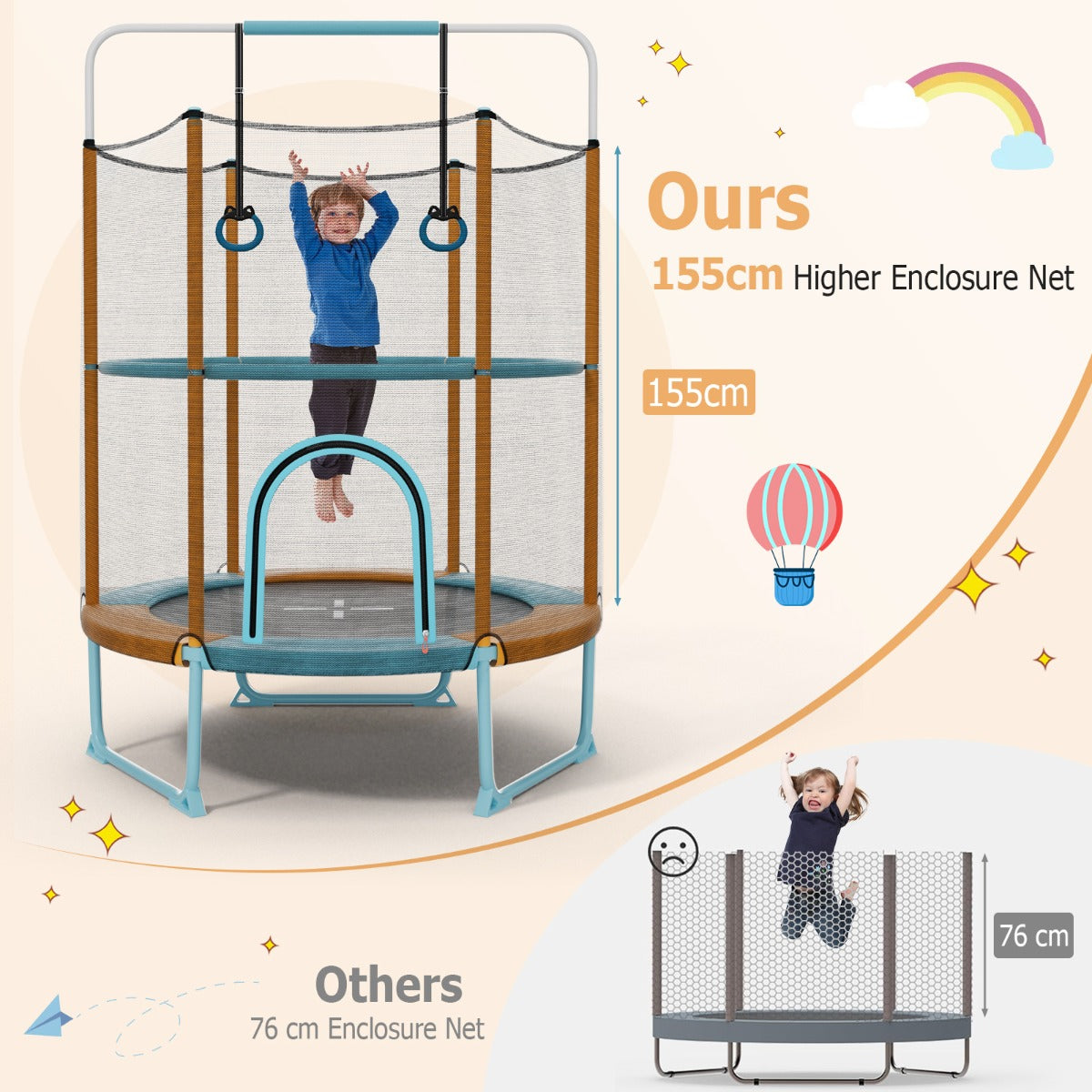 Orange Toddler Trampoline with Gymnastic Bar & Rings | 3-in-1