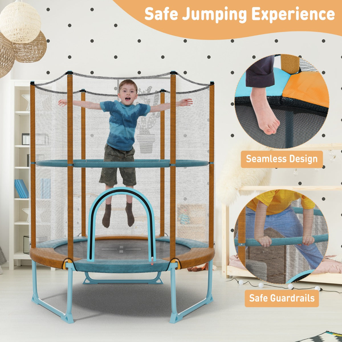 Orange Toddler Trampoline with Gymnastic Bar & Rings | 3-in-1