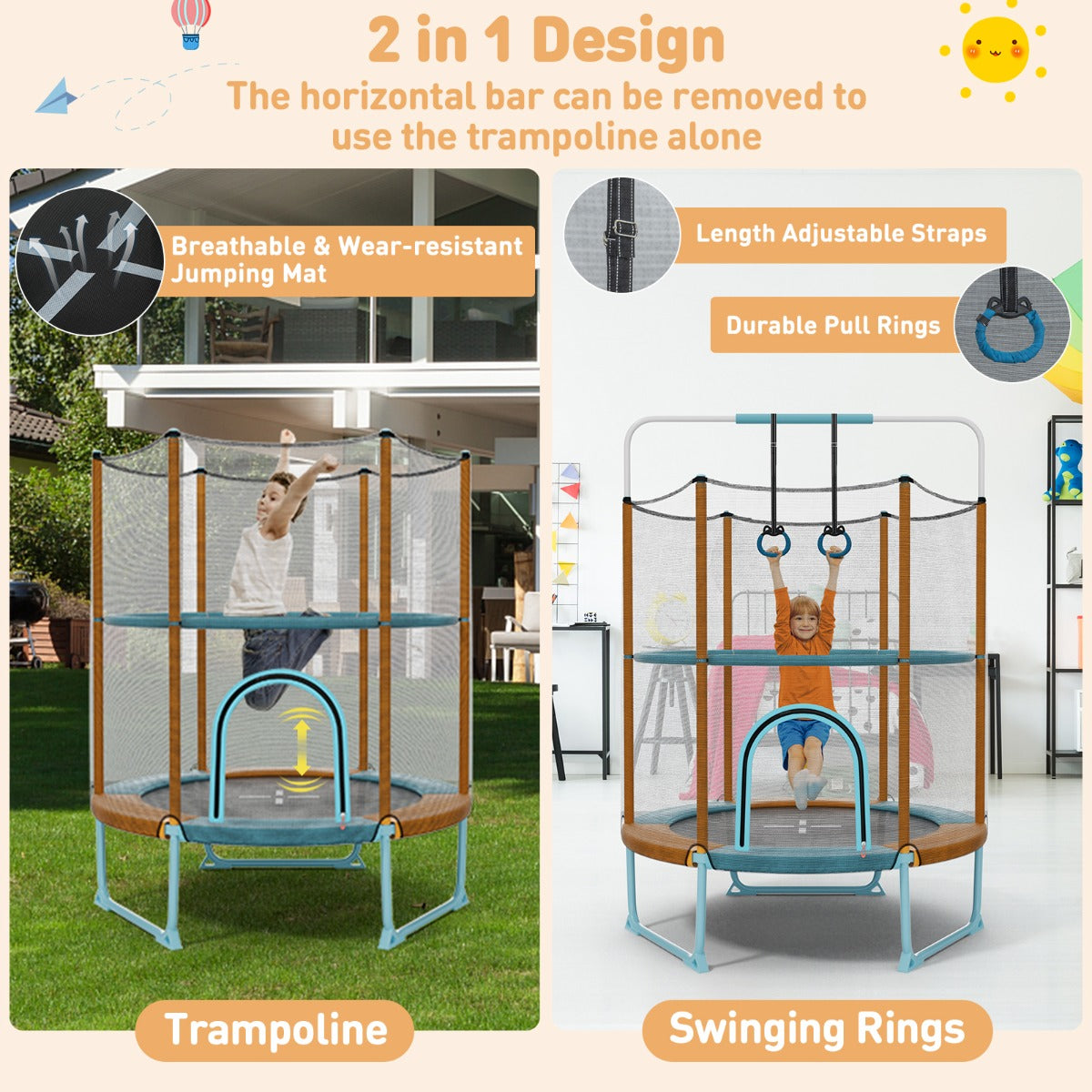 Orange Toddler Trampoline with Gymnastic Bar & Rings | 3-in-1