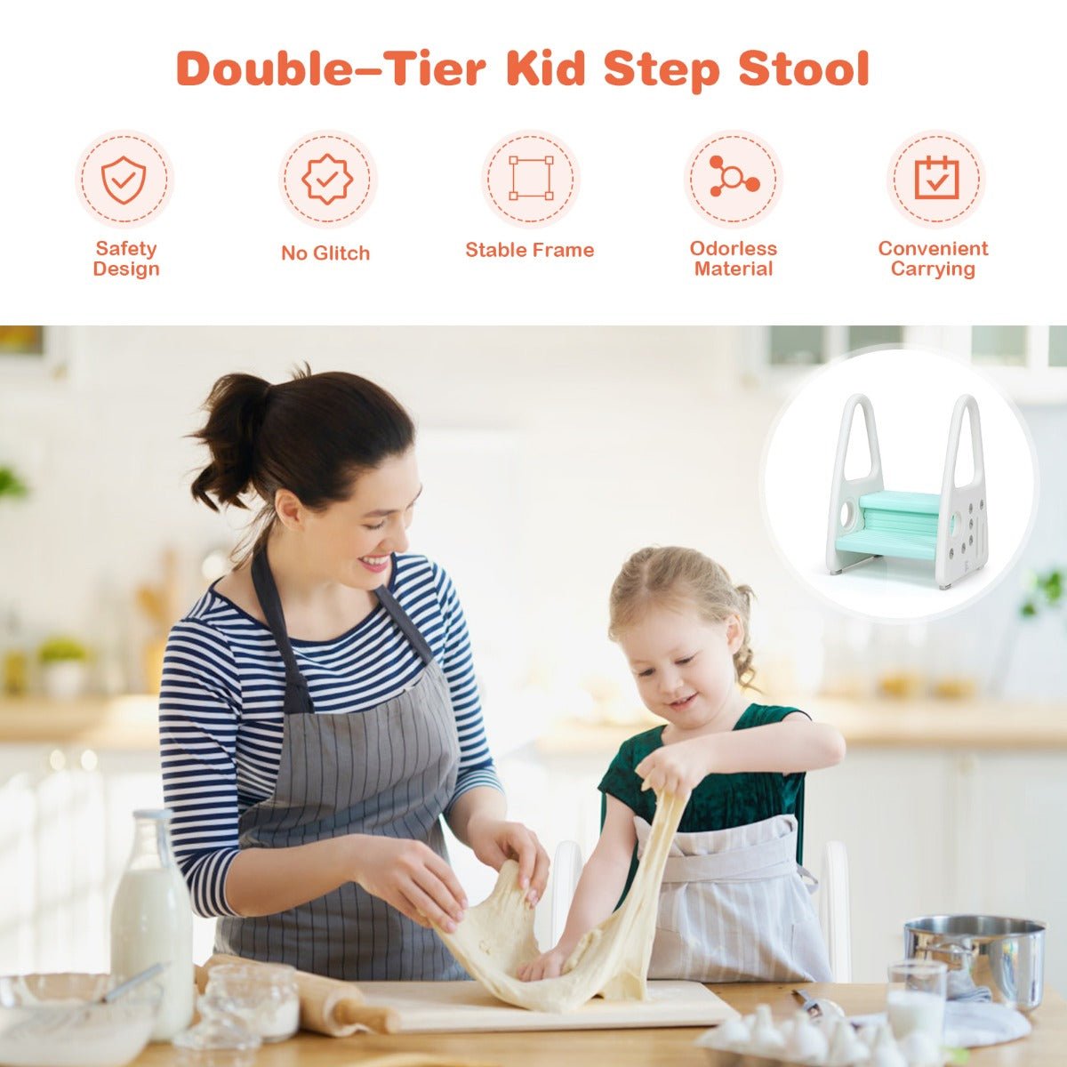 Blue toddler step stool with anti-slip surface and safety armrests for easy, secure home use.