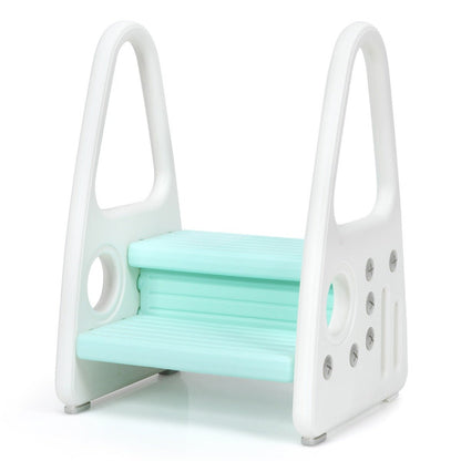 Blue toddler step stool with anti-slip surface and safety armrests for home safety.