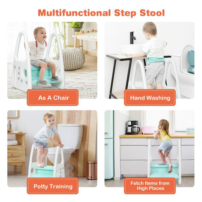 Blue toddler step stool with anti-slip surface and safety armrests for secure home use.