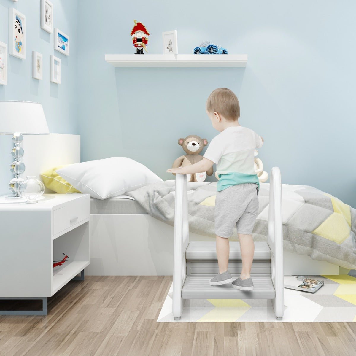 Grey toddler step stool and chair with dual levels for anti-slip safety at home.