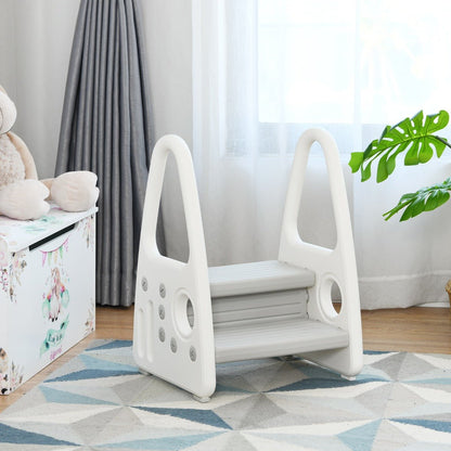 Grey dual-level toddler step stool and chair with anti-slip feature for home safety.