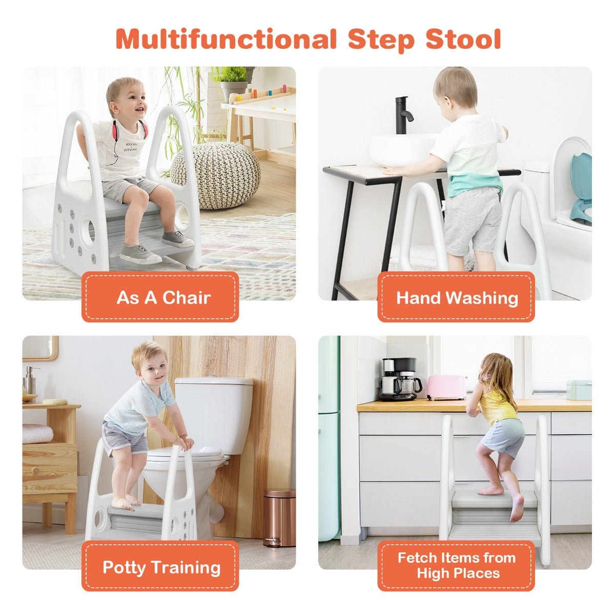 Anti-slip toddler step stool and chair in grey, perfect for home use, dual-level design.