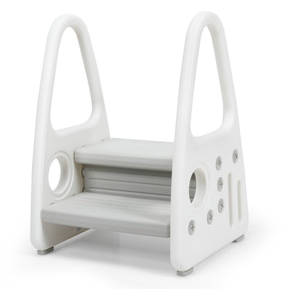 Grey toddler step stool and chair with dual levels for safety and accessibility.