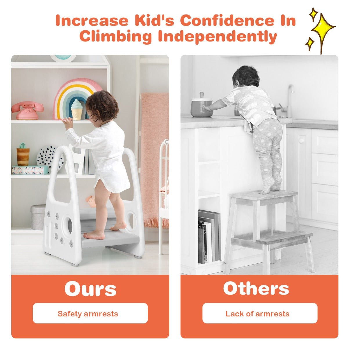 Grey toddler step stool and chair with dual-level design for anti-slip safety at home.