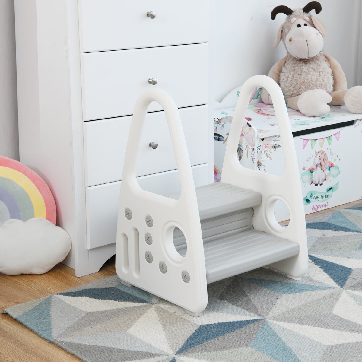 Grey toddler step stool and chair with anti-slip design for safe, versatile home use.