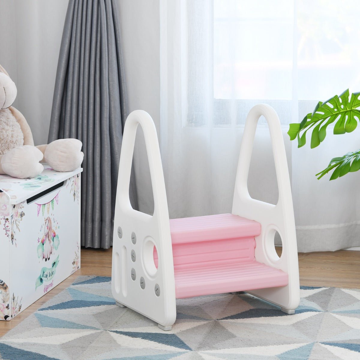 Pink toddler step stool with anti-slip design for safe and easy access.