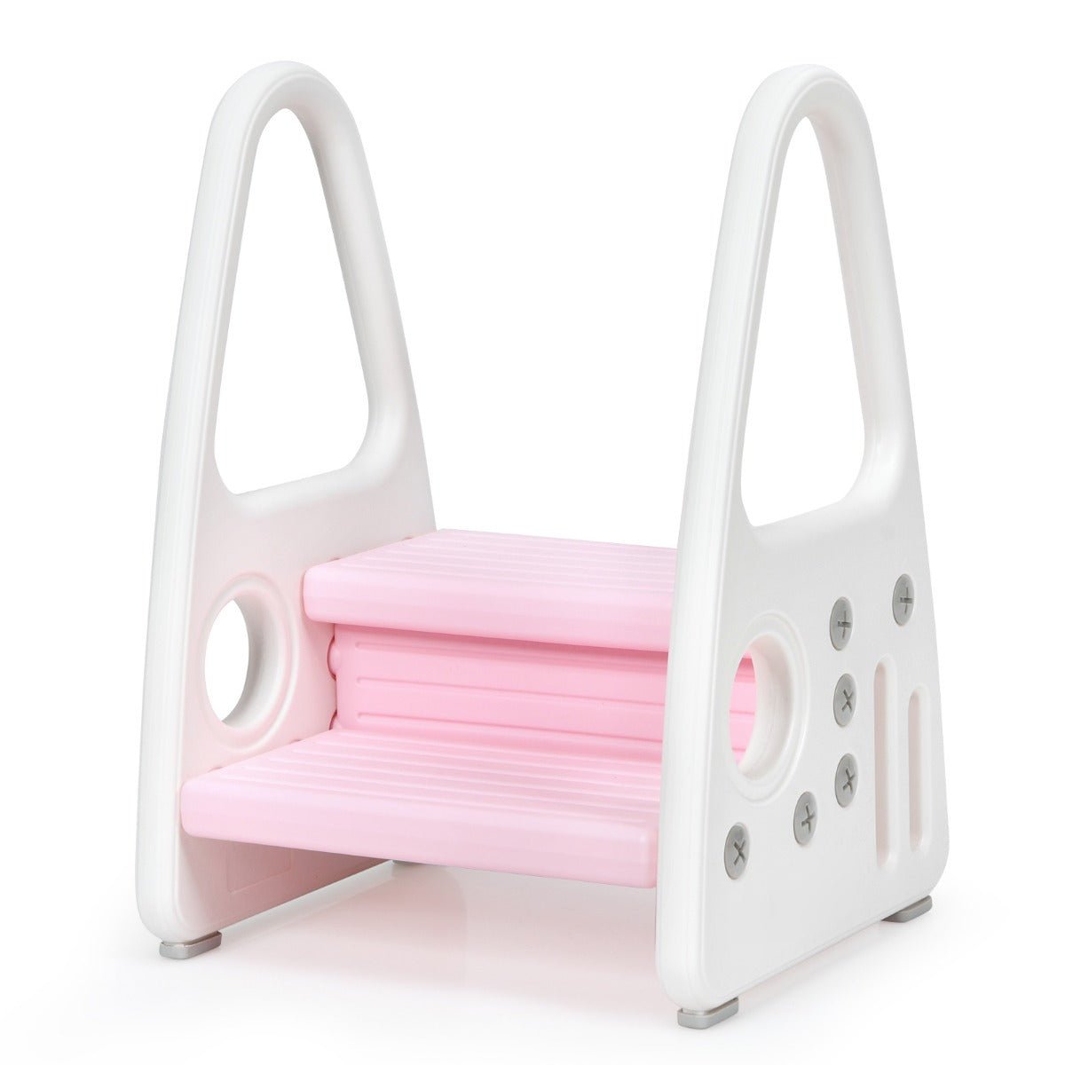 Pink toddler step stool with 2 tiers and anti-slip surface, perfect for safe home use.