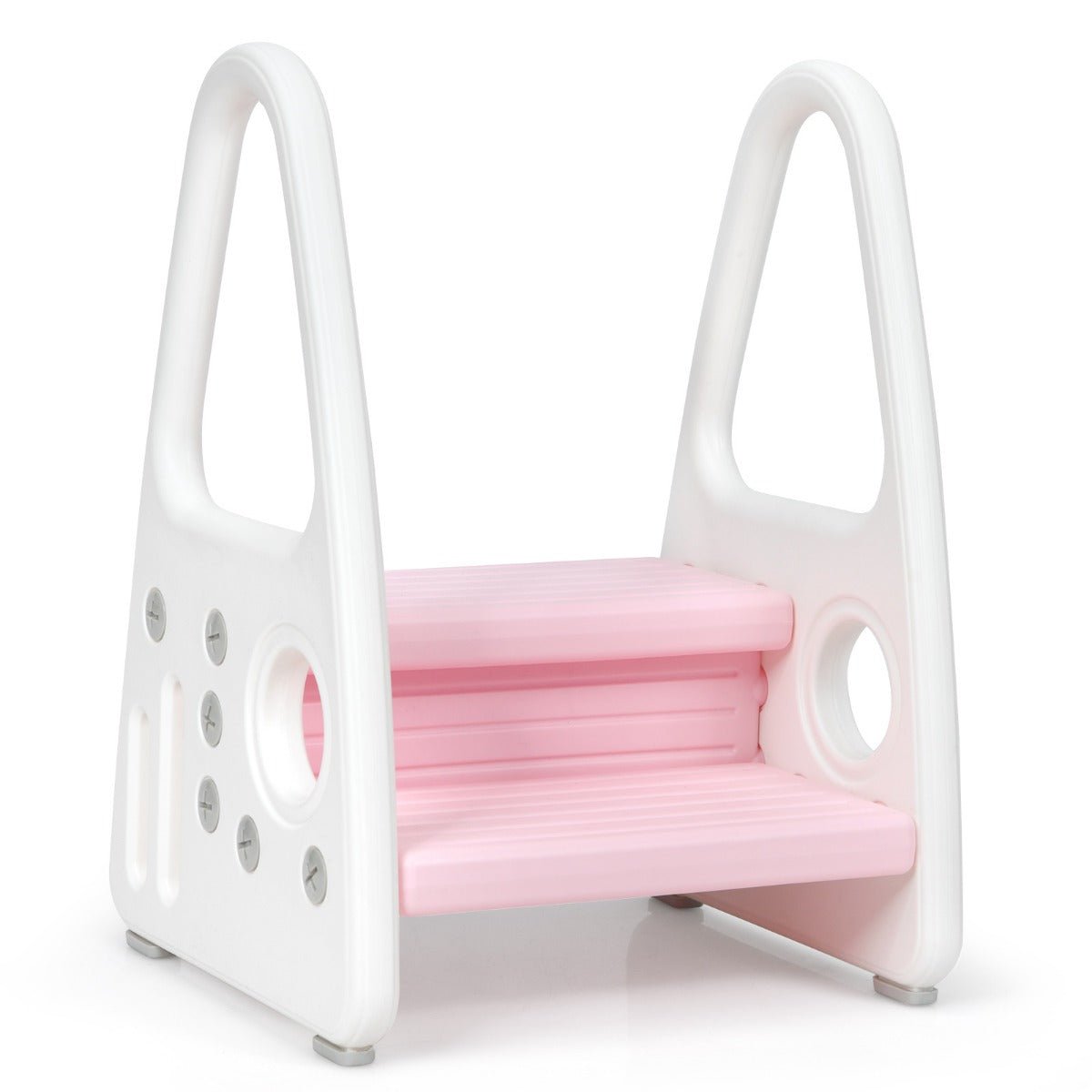 Adorable pink toddler step stool with anti-slip surface for safe and easy bathroom access.