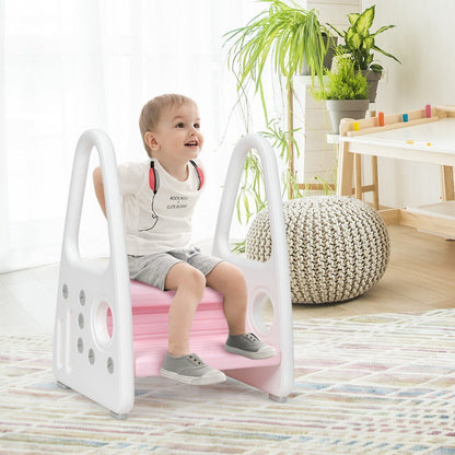 Pink toddler step stool with anti-slip surface for safe, two-tier access in kids spaces.