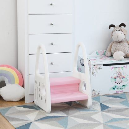 Pink toddler step stool with anti-slip surface for safe and easy reaching in the home.