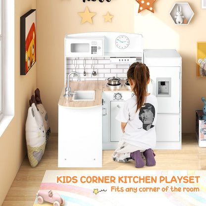 Kids Kitchen Playset | White L-Shaped Design With Microwave