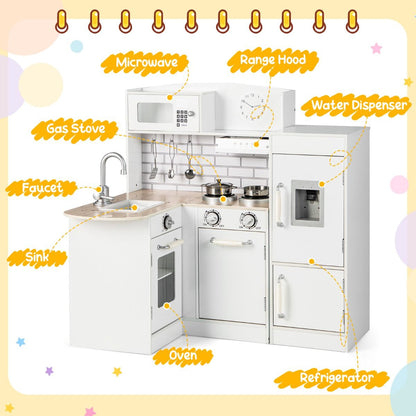 Kids Kitchen Playset | White L-Shaped Design With Microwave