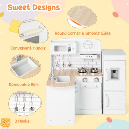 Kids Kitchen Playset | White L-Shaped Design With Microwave
