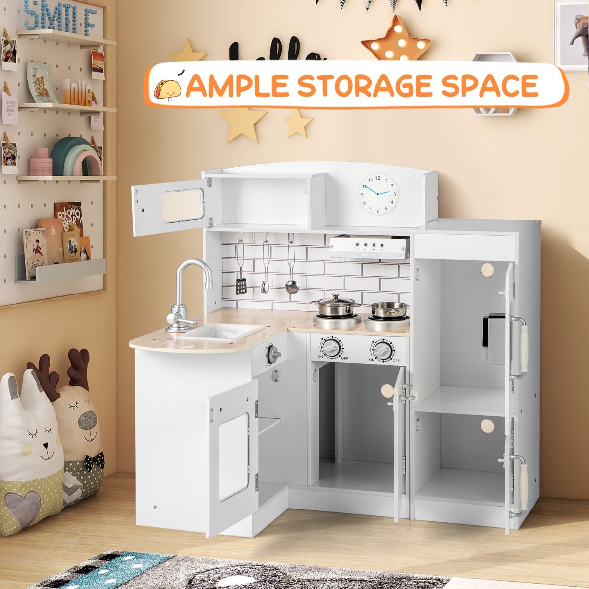 Kids Kitchen Playset | White L-Shaped Design With Microwave