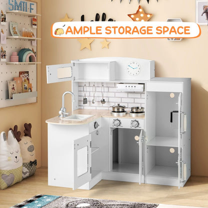 Kids Kitchen Playset | White L-Shaped Design With Microwave