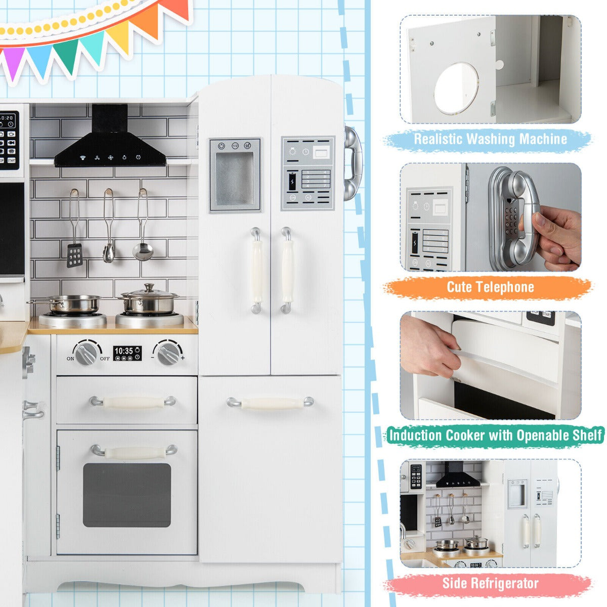 White Wooden Play Kitchen Set | Stove Sink & Accessories