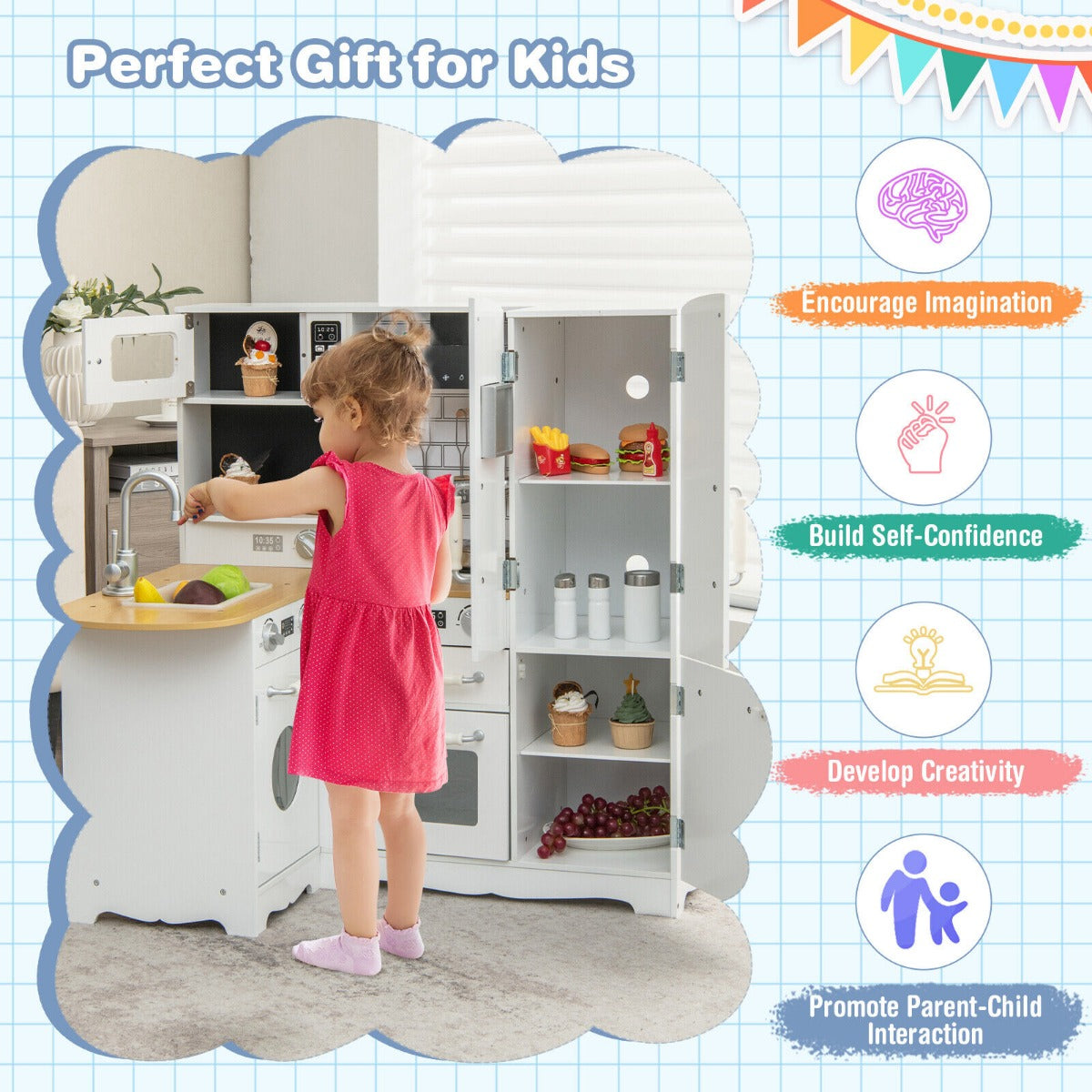 White Wooden Play Kitchen Set | Stove Sink & Accessories