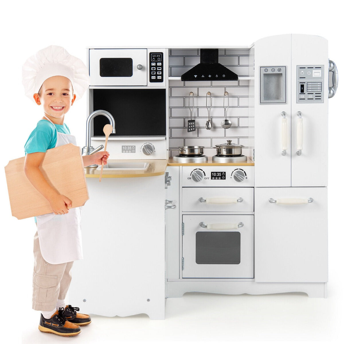 White Wooden Play Kitchen Set | Stove Sink & Accessories