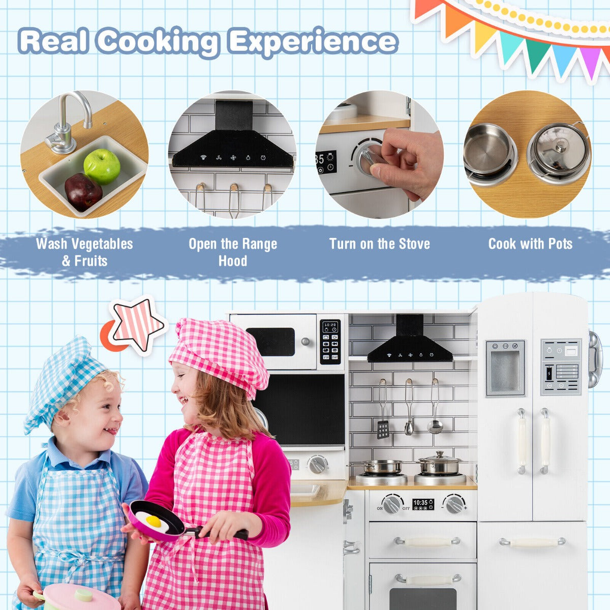 White Wooden Play Kitchen Set | Stove Sink & Accessories