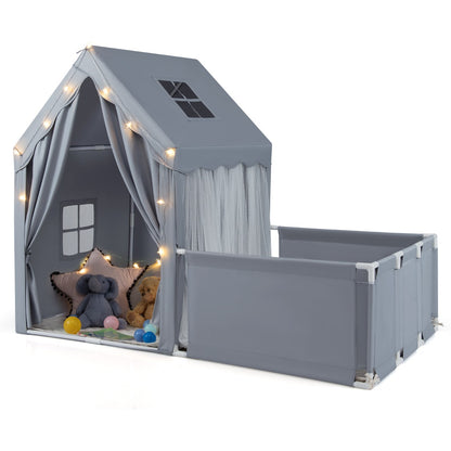 2-in-1 Kids Play Tent with Playpen and Washable Cotton Mat-Grey